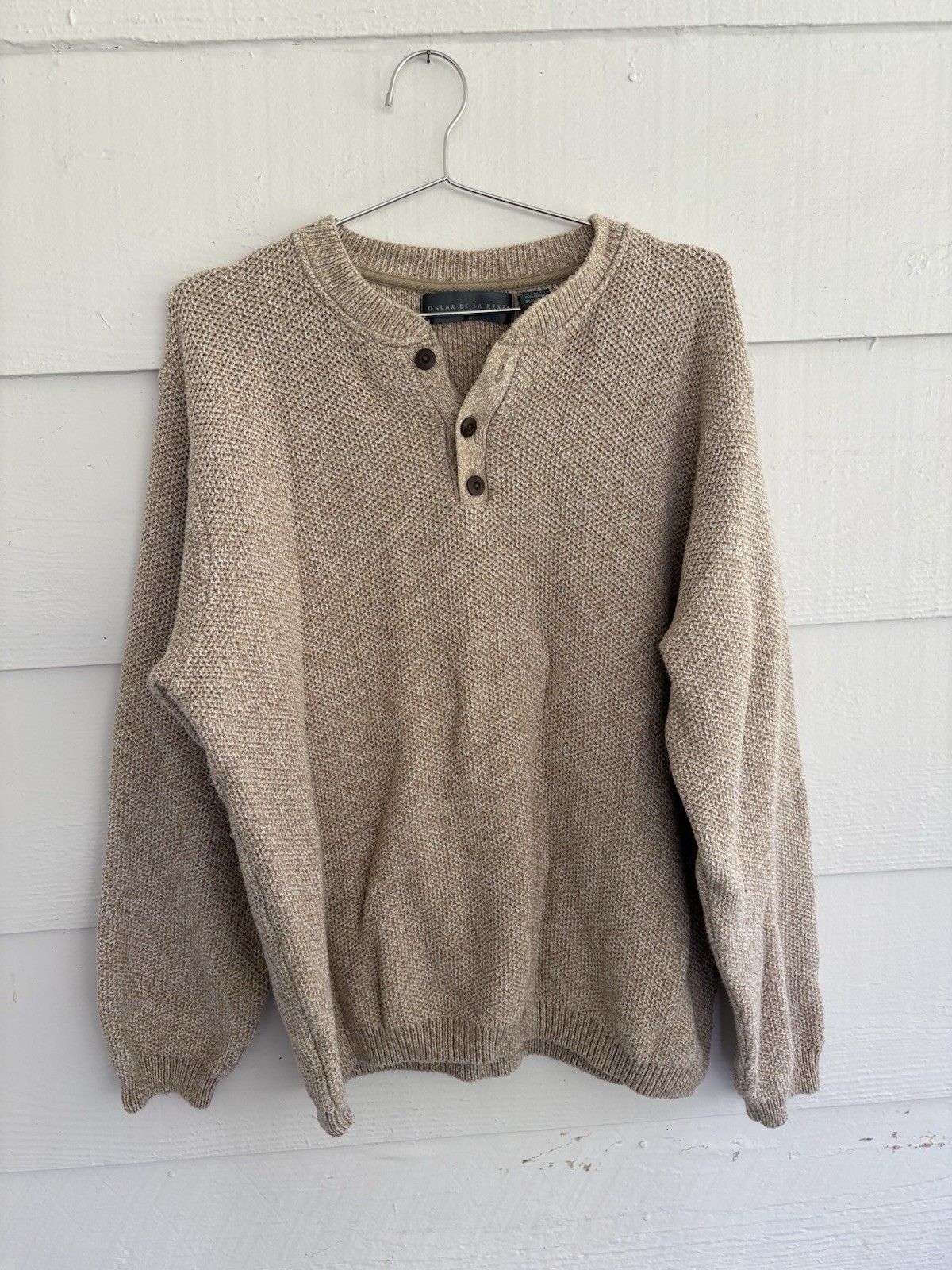 Oscar de la Renta Men’s Large Beige Henley Sweater Textured Knit Pullover Casual