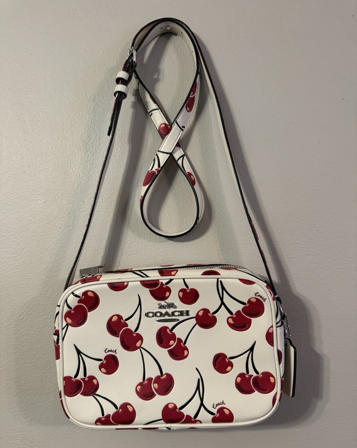 Coach White Cherry Print Crossbody Bag Zip Closure Silver Hardware Strap