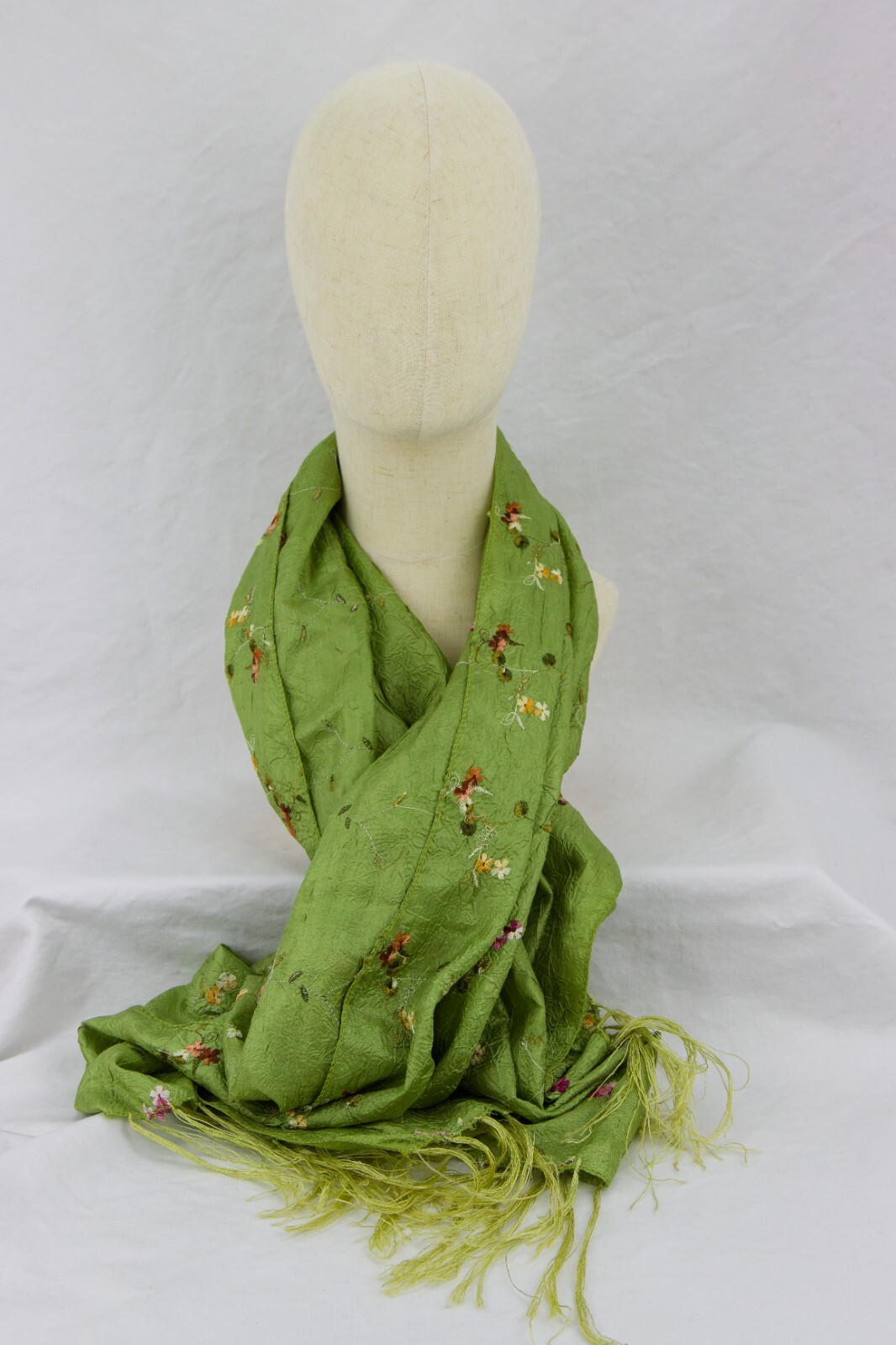 Crushed Shimmer Silk-Poly Blend Green Embroidered Floral Wrap Scarf, 25in x 64in