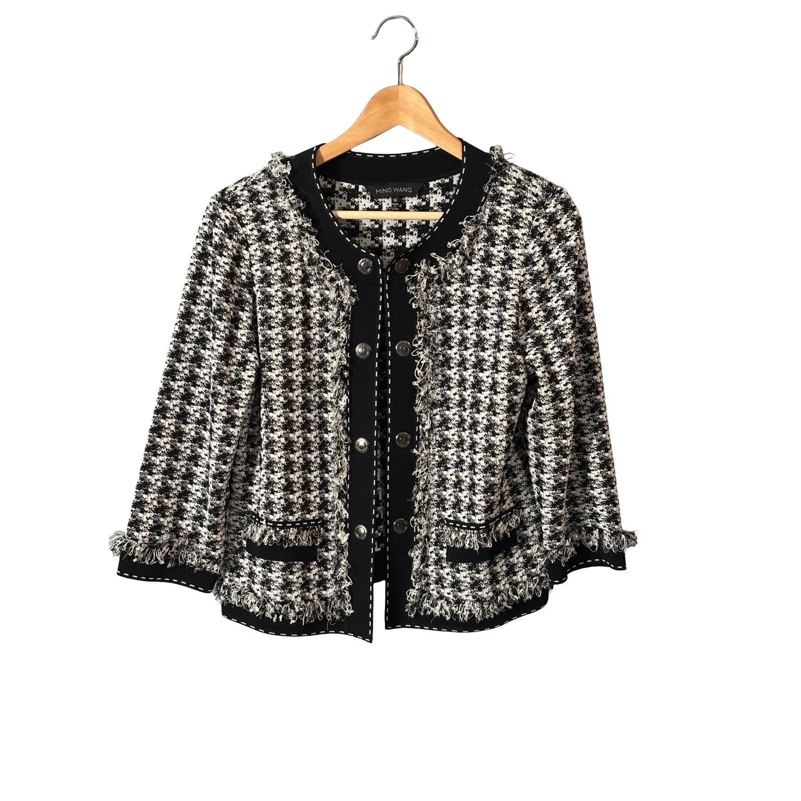 Ming Wang Houndstooth Knit Jacket Size M Black White Fringe Trim