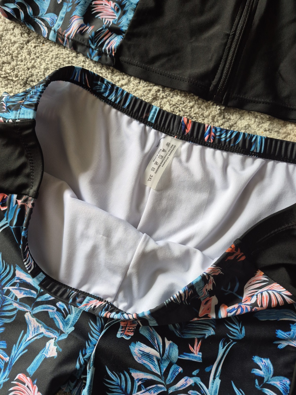 Oudasi 2Pc Tankini Set Zip Front Padded Built-In Bra Swim Shorts 3XL