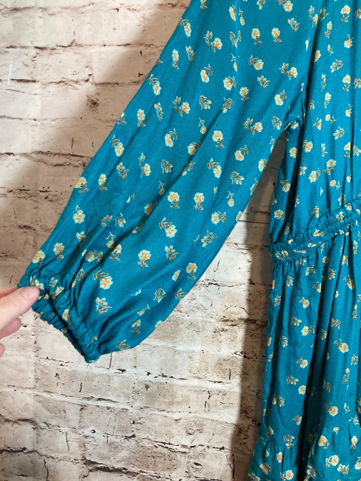 Angie Boho Dress Womens Medium Dark Teal Ditsy Floral Balloon Sleeve Hippie