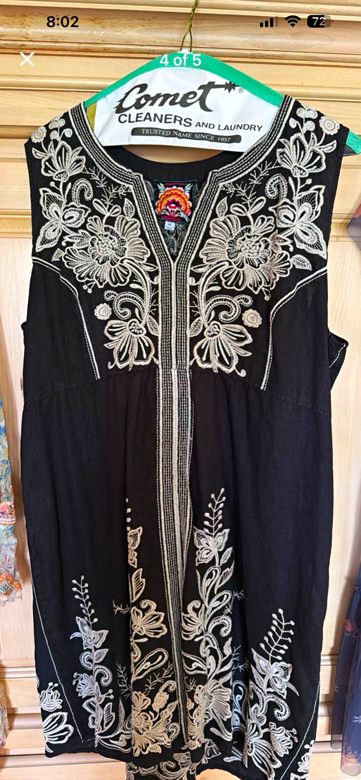 Johnny Was XXL Black/White Linen A-Line V-Neck Floral Embroidered Dress
