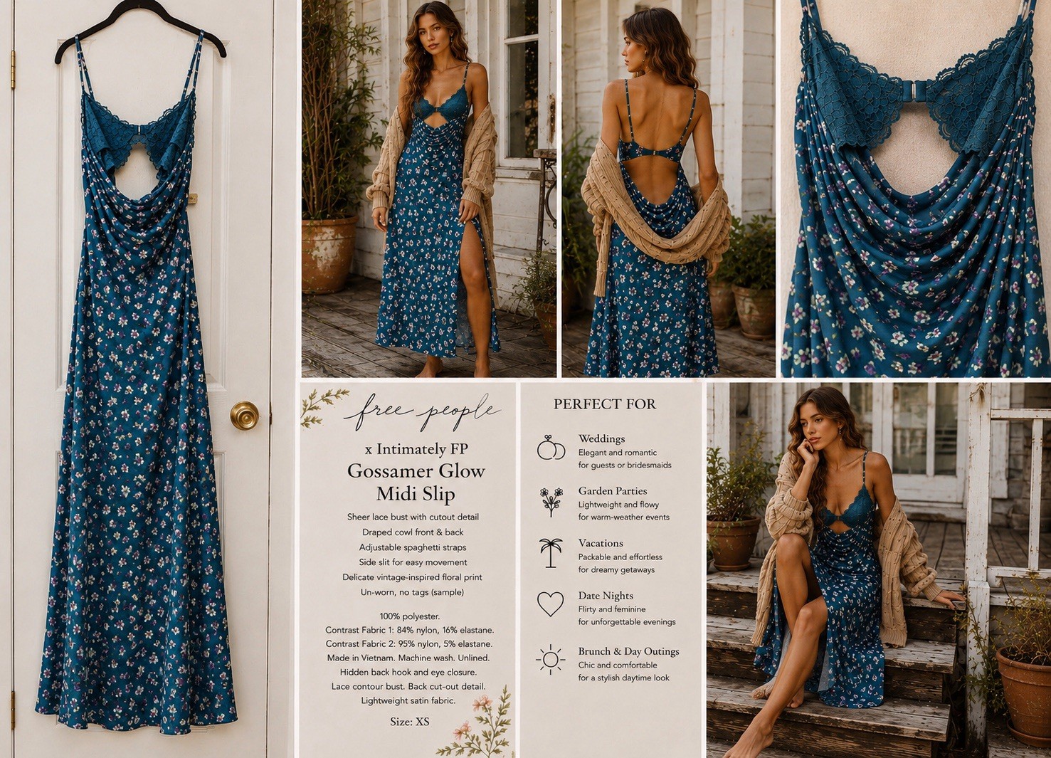 Free People Intimately Gossamer Glow Full Slip XS Teal Floral Satin Lace
