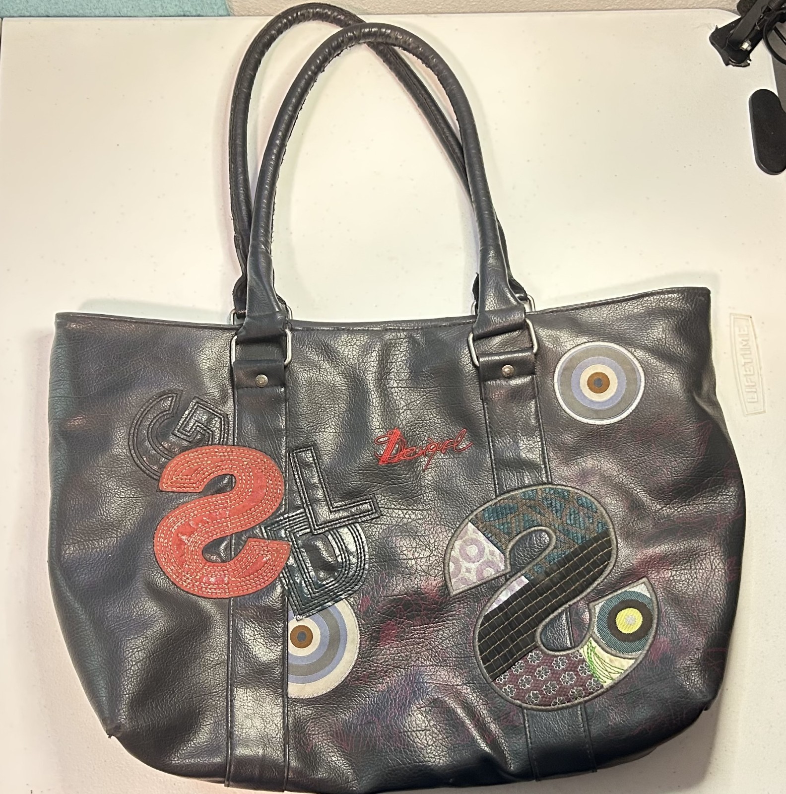 Desigual Women’s Tote Shoulder Bag Black Multicolor Embroidered Large Shopper Pu