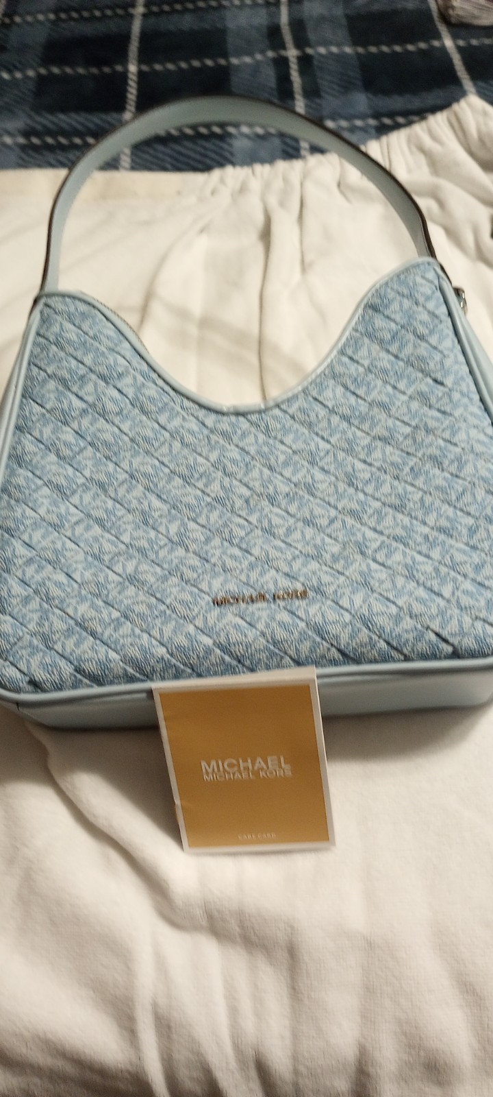 Michael Kors Nayla Small Woven Signature Logo Hobo Shoulder Bag Pale Ocean