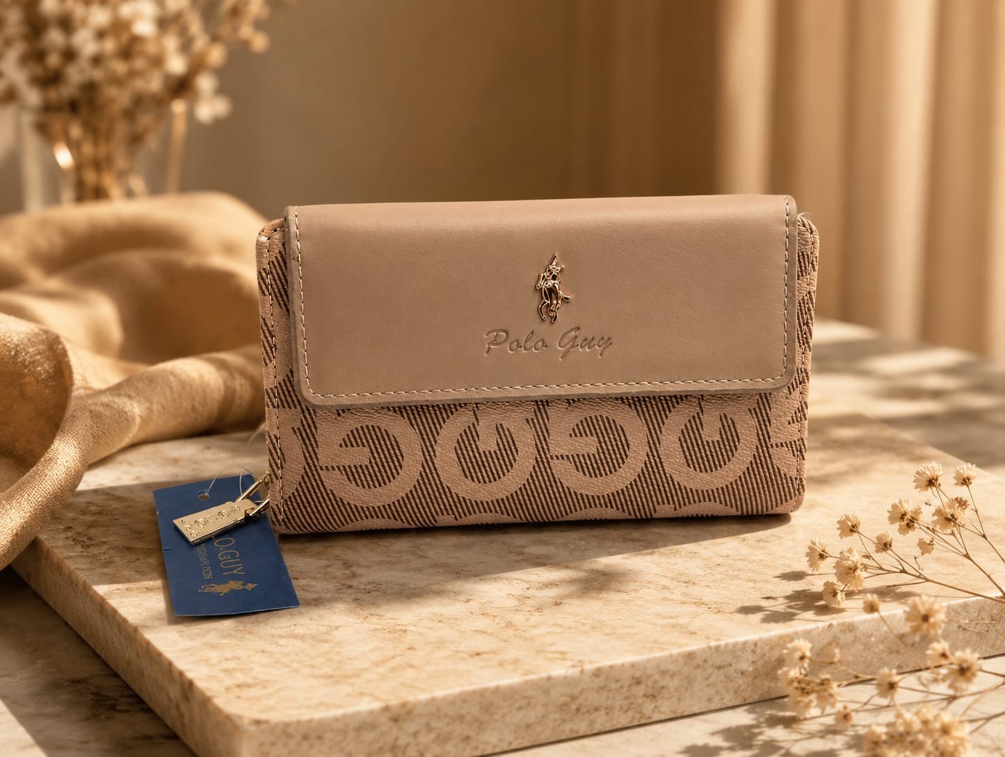 ​Polo Guy Women’s Wallet Beige Leather Fabric Organizer Clutch Purse 18×10.5x4cm