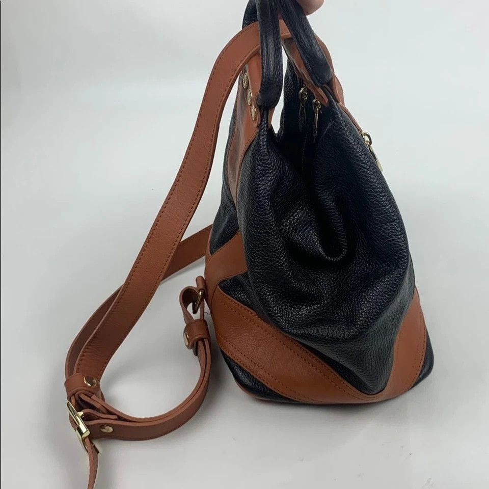 Valentina Italy Two-Tone Leather Backpack bag Brown Black Gold Zippers accents