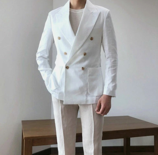 Summer White Linen Suit Beach Men’s Double Breasted Groom Wedding Blazer Jacket