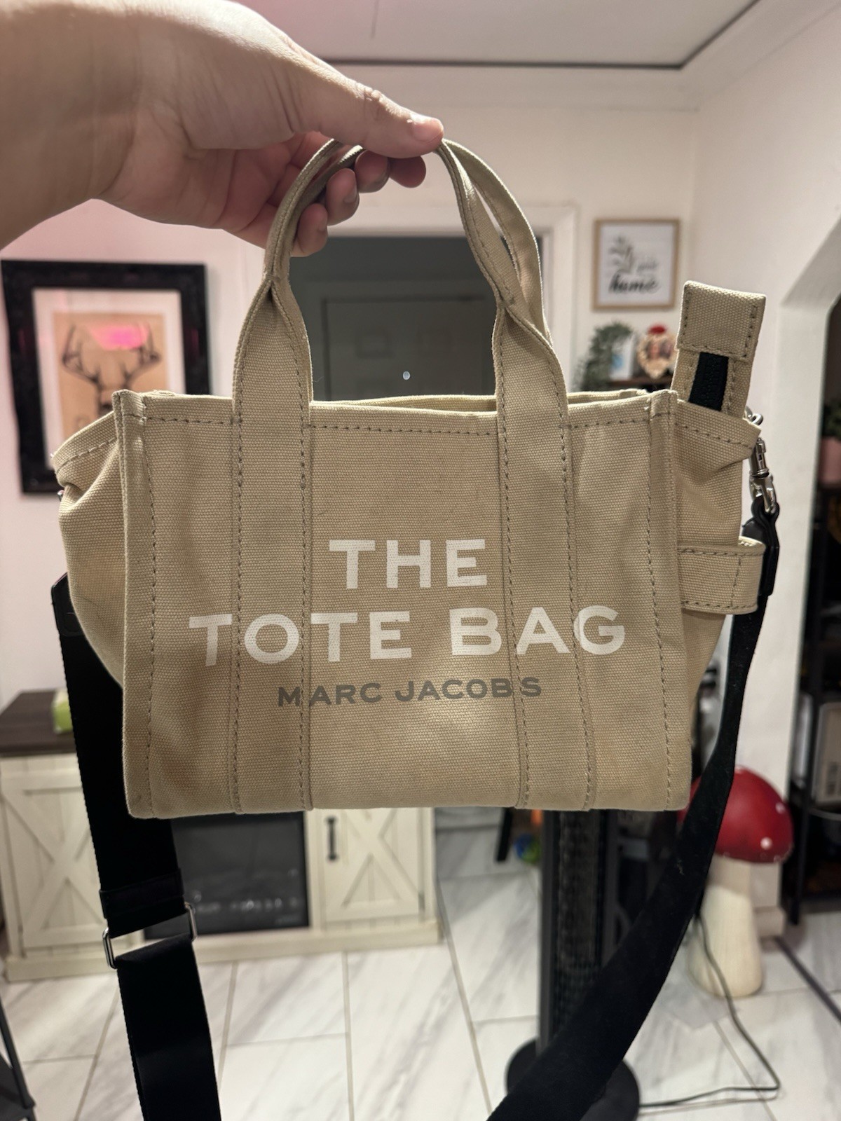 Marc Jacobs Mini Tote Bag Beige Zip Top Handle Crossbody Detachable Strap