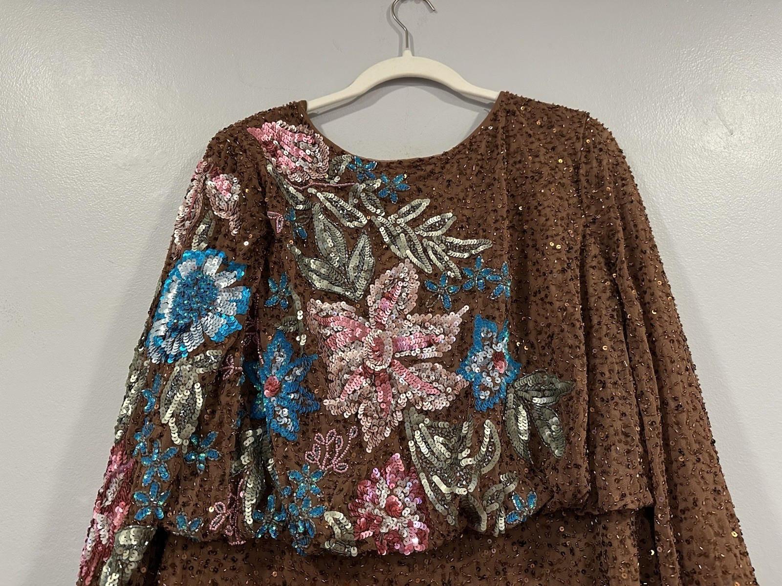 Mac Duggal 5615 Mocha High Neck Long Sleeve Sequin Gown Sz 16 NWOT