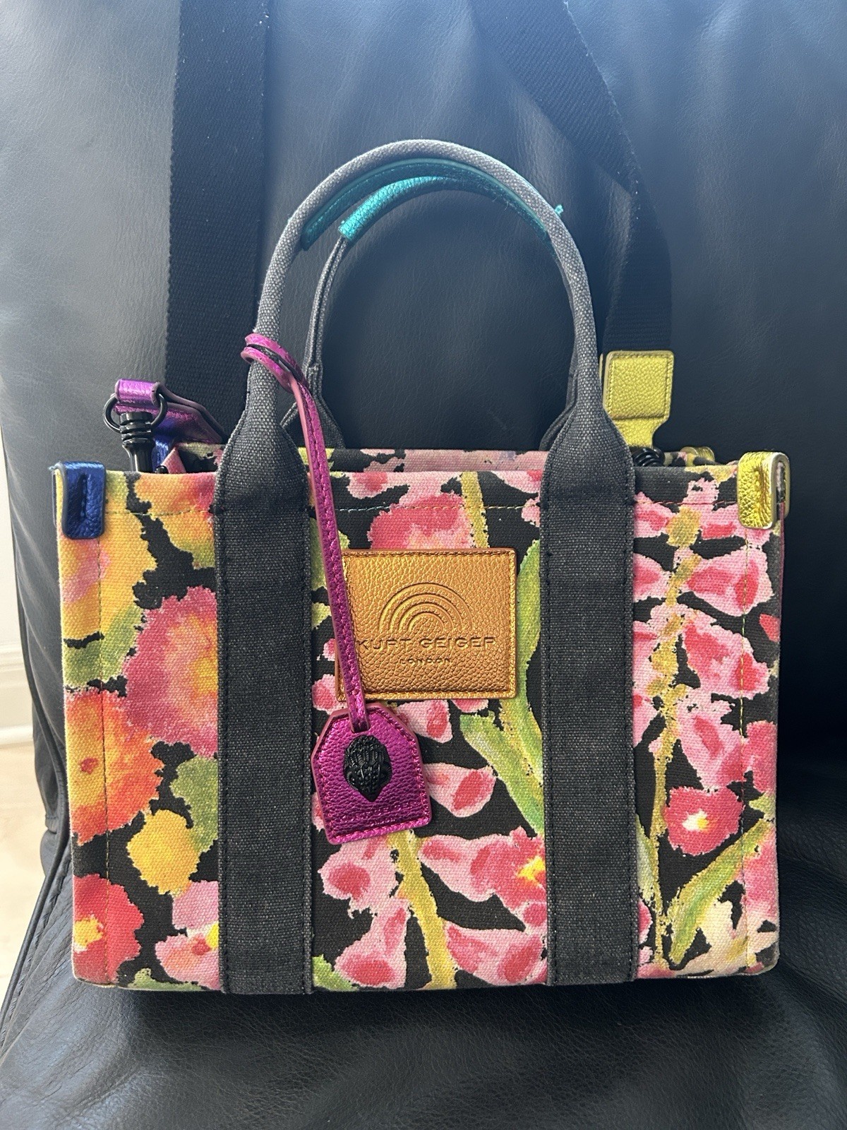 Kurt Geiger Multicolor Floral Canvas Tote with Black Straps In Good Condition