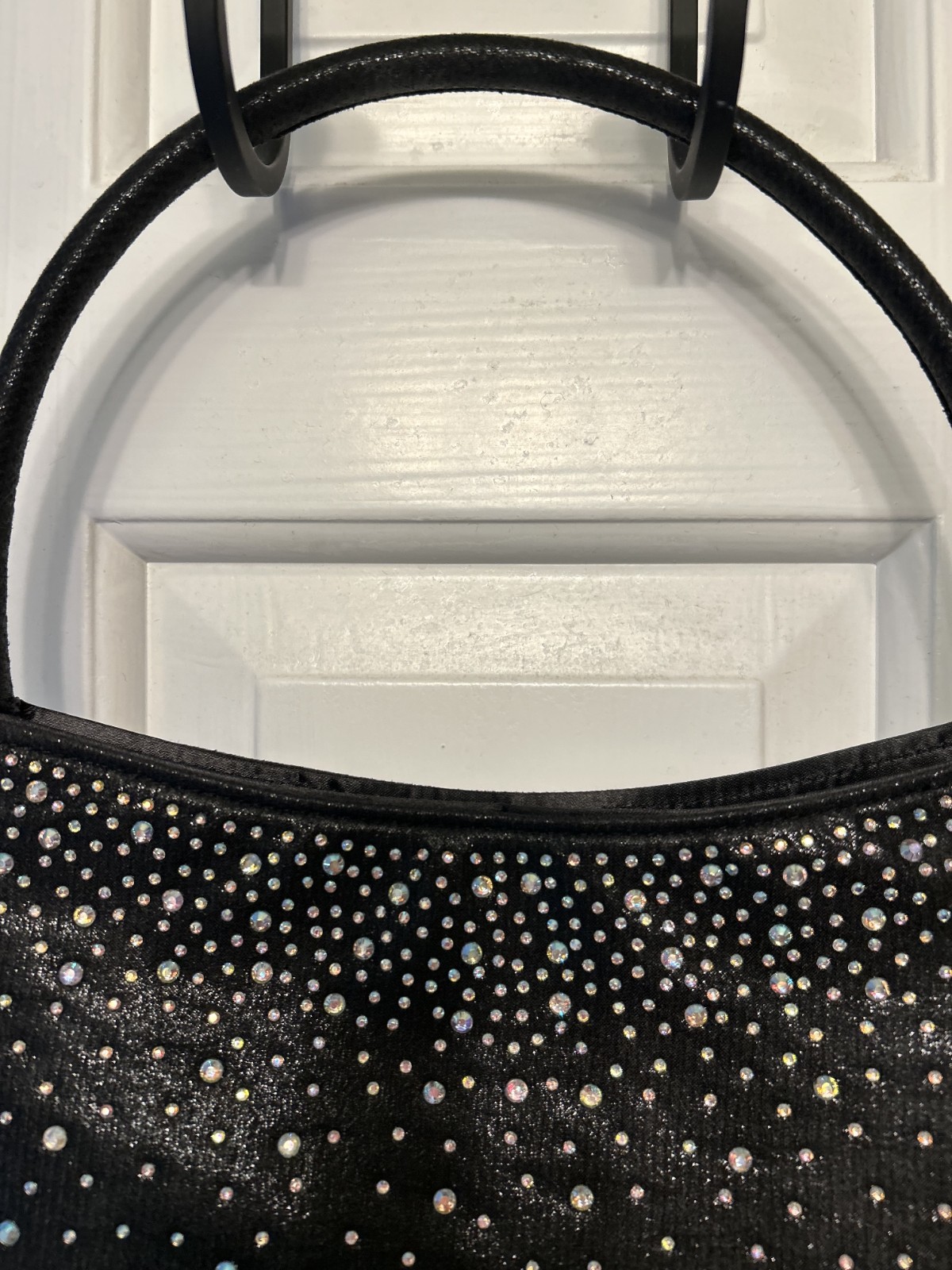 Ladies’ evening bag/purse. Black studded w/crystal beads. 9” x 5.5” plus…
