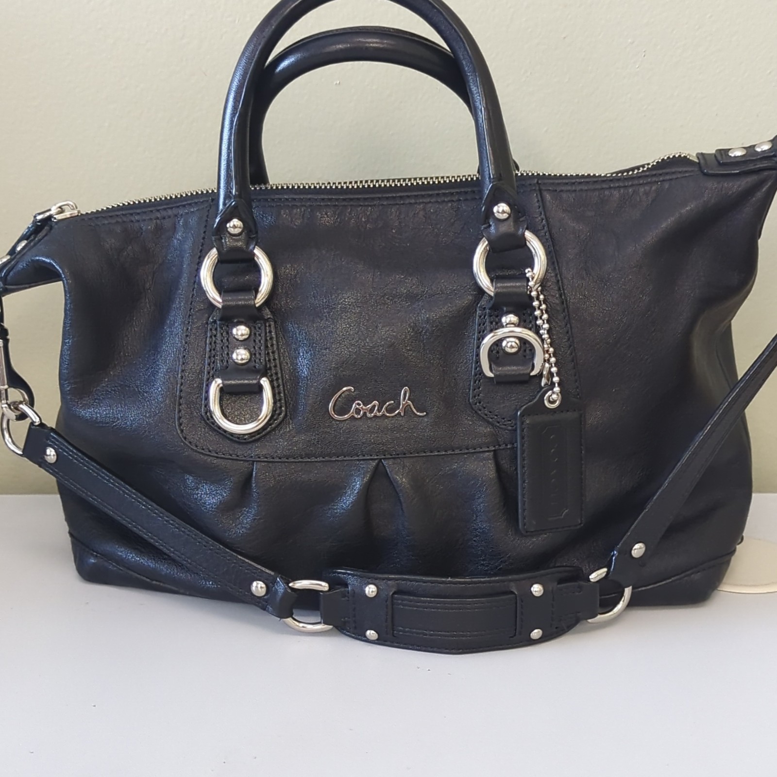 Coach Black Ashley Satchel/Top Handle Bag w/ Detachable Strap, Purple Lining