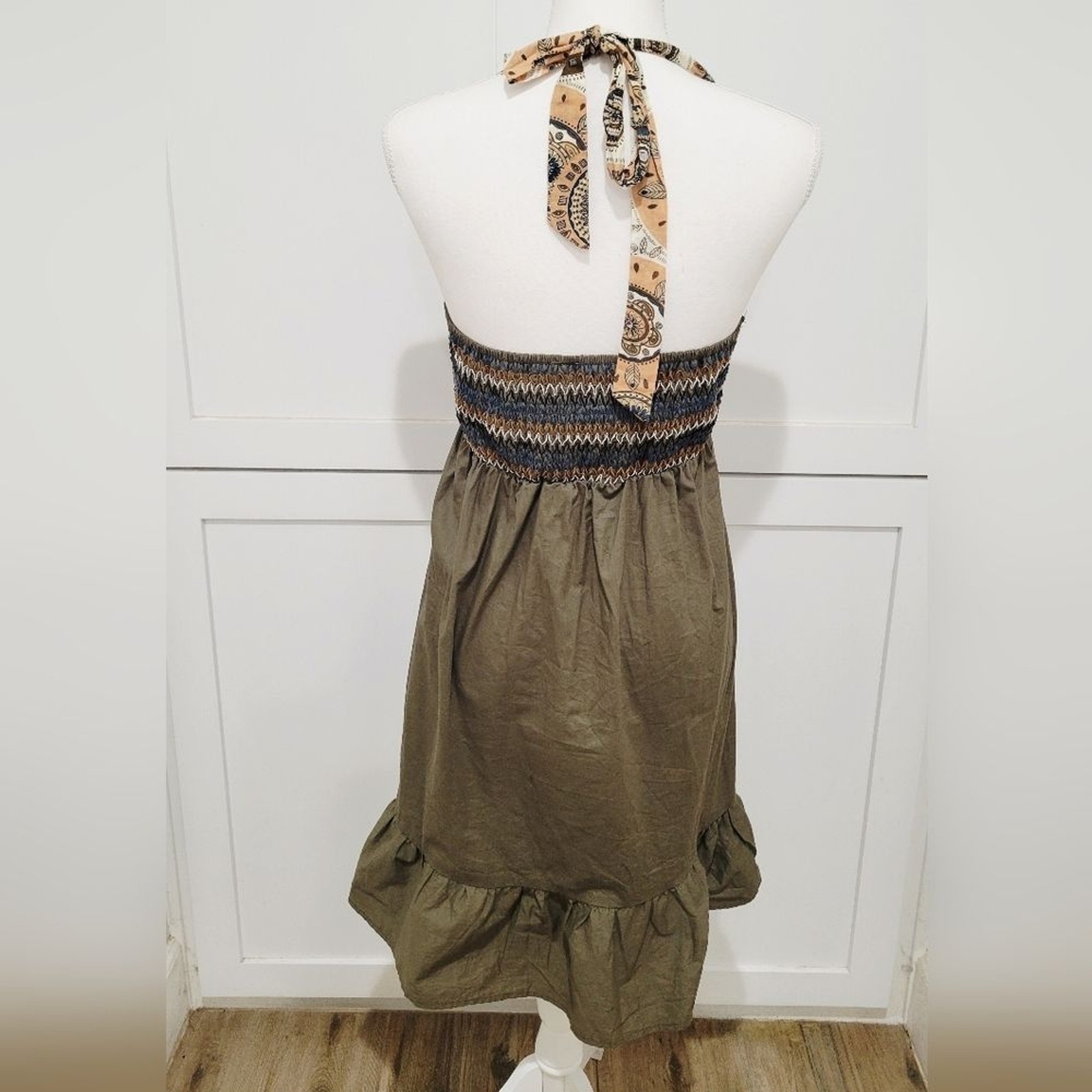 Boho Halter Embroidered Cotton Sundress in Olive Green and Cream | Size Medium