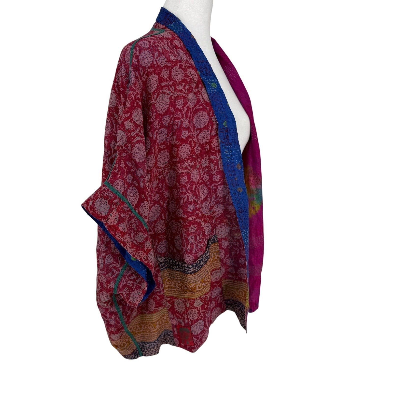 Mieko Mintz Reversible 100% Silk Kantha Jacket Red Blue Floral Bandhani OS India