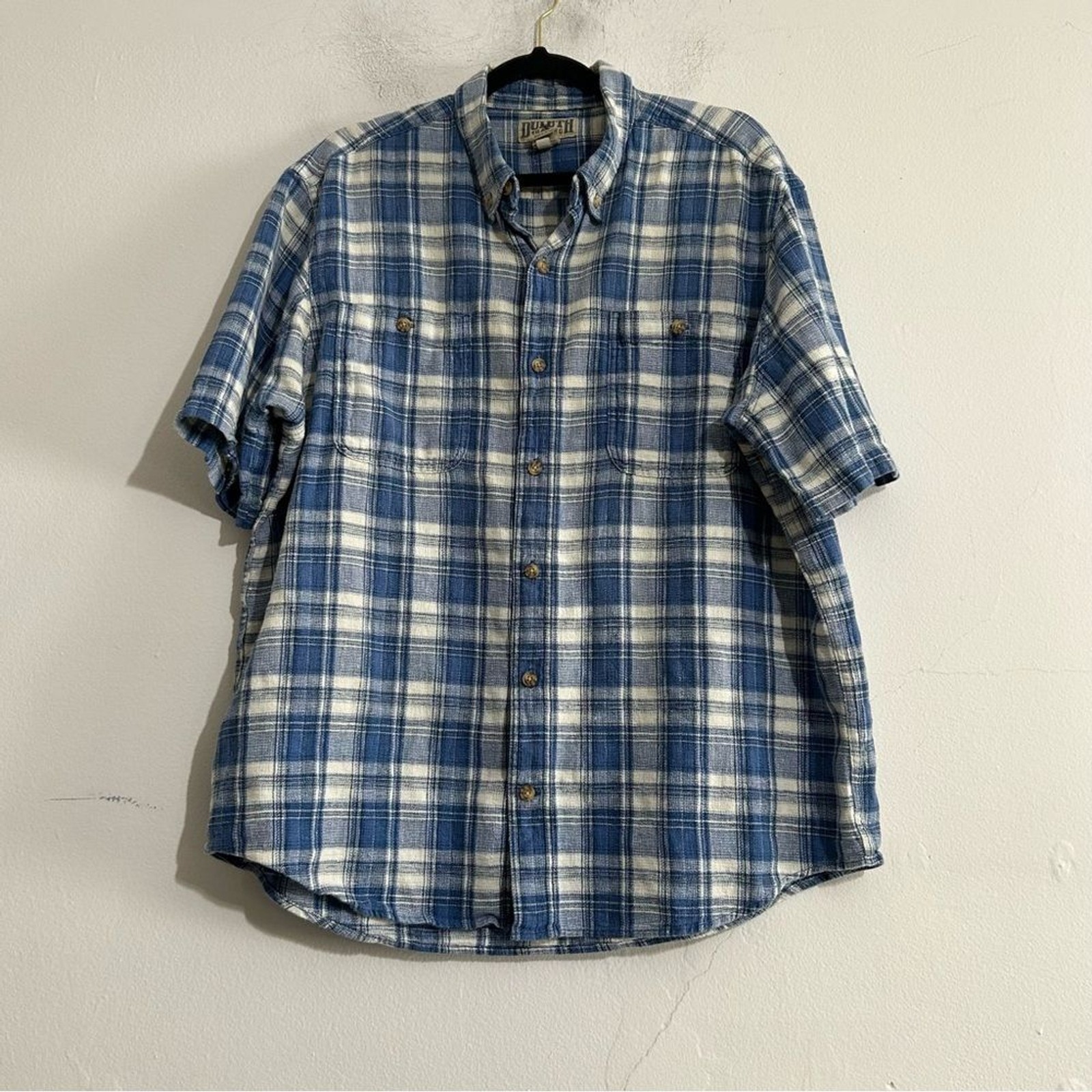 Duluth Trading Co Hemp F.O.M. Short Sleeve Plaid Shirt Blue XL
