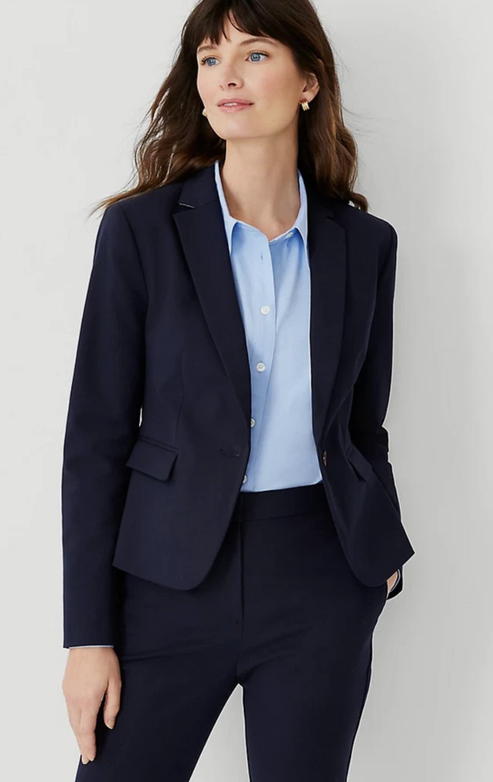 ANN TAYLOR NIGHT SKY BLUE THE PETITE ONE BUTTON STRETCH COTTON BLAZER JACKET 2P