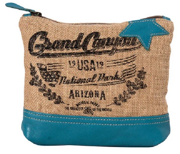 Myra Bag #8041 Burlap, Turquoise Leather 8.5″x1.5″x7″ Grand Canyon Pouch Clutch