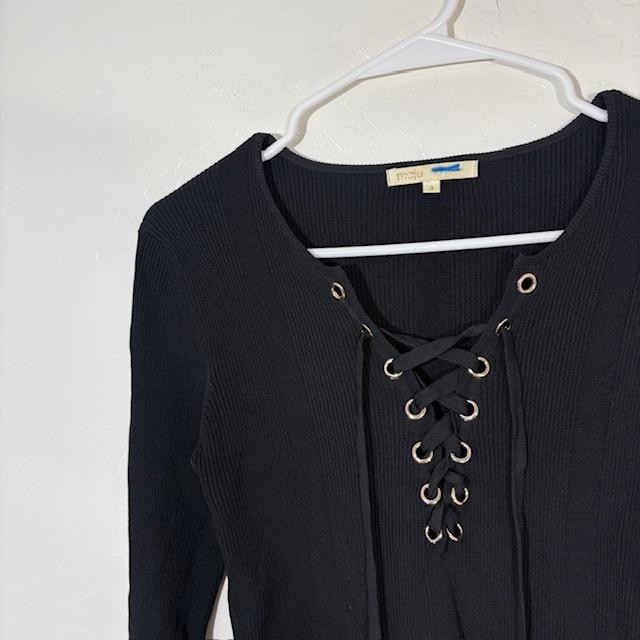 Maje Sweater Womens 3 Black Viscose Polyamide Lace Up Scoop Neck Pullover Knit