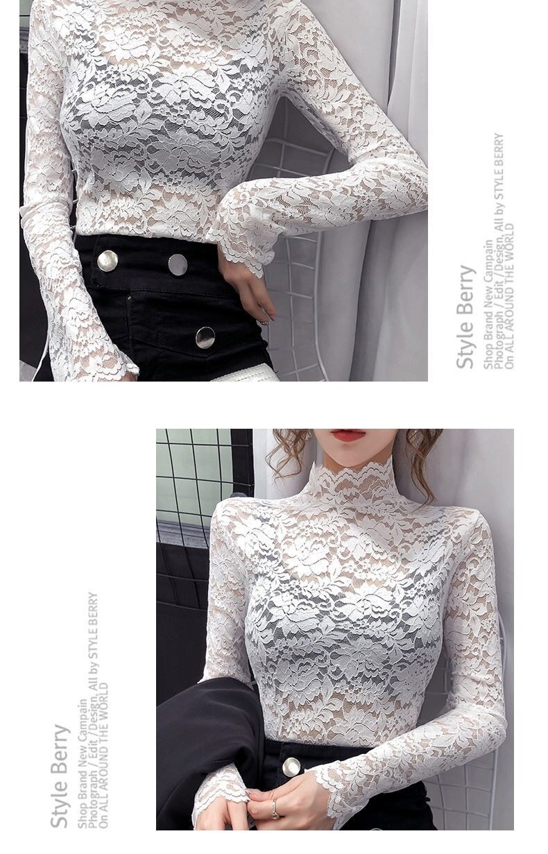 Half High Collar Lace Bottomed Blouse Mesh Hollow Out Long Sleeve Shirt Plush