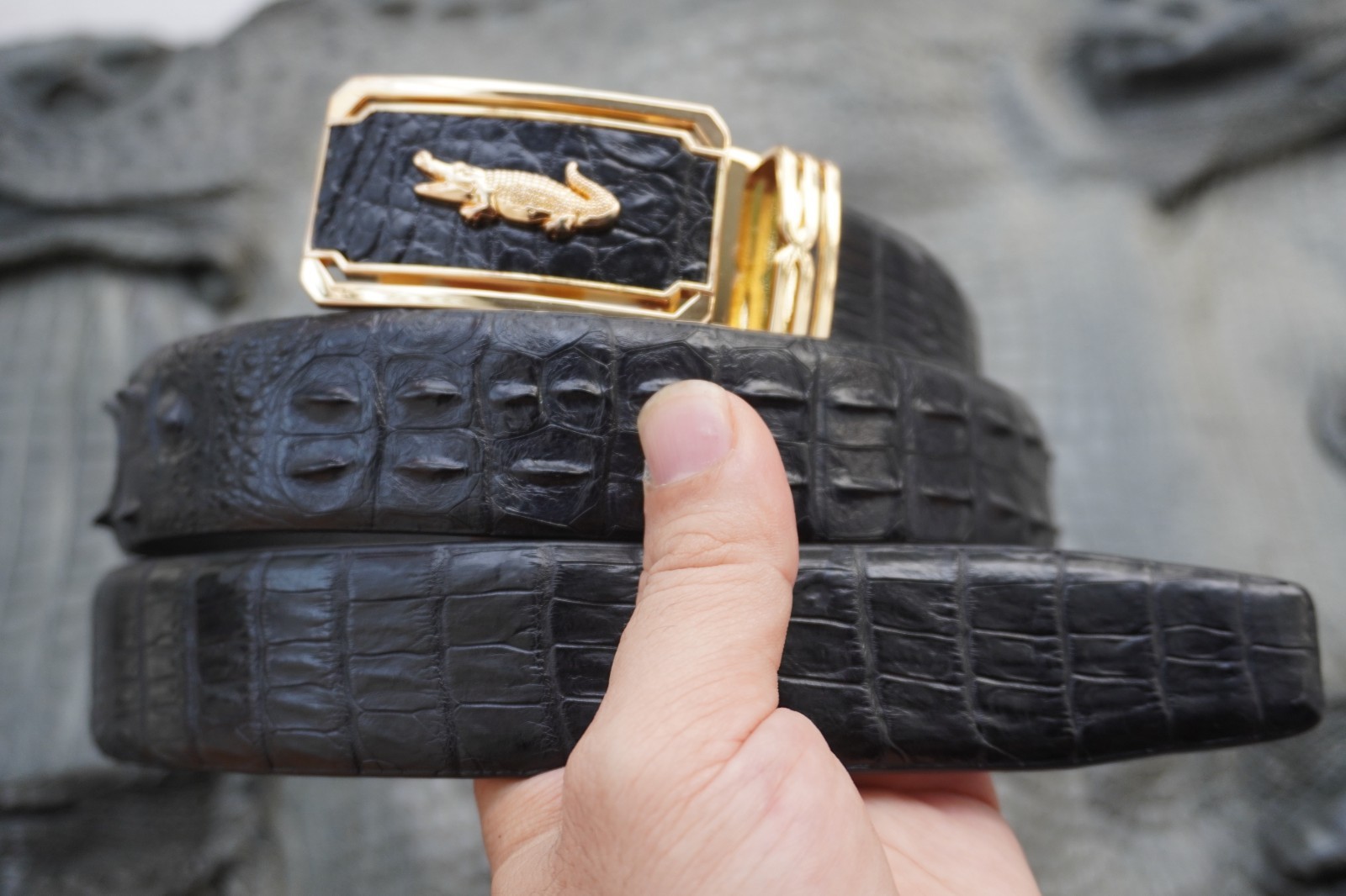 Black Real CROCODILE Hornback LEATHER Skin Men’s Belt -W 1.3 inch # Q42