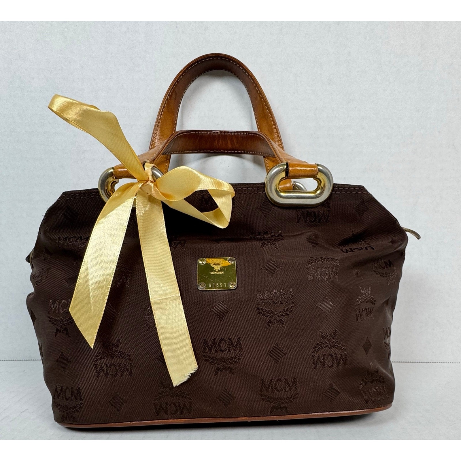 MCM Brown Monogram Nylon Handbag Cognac Leather Trim COA