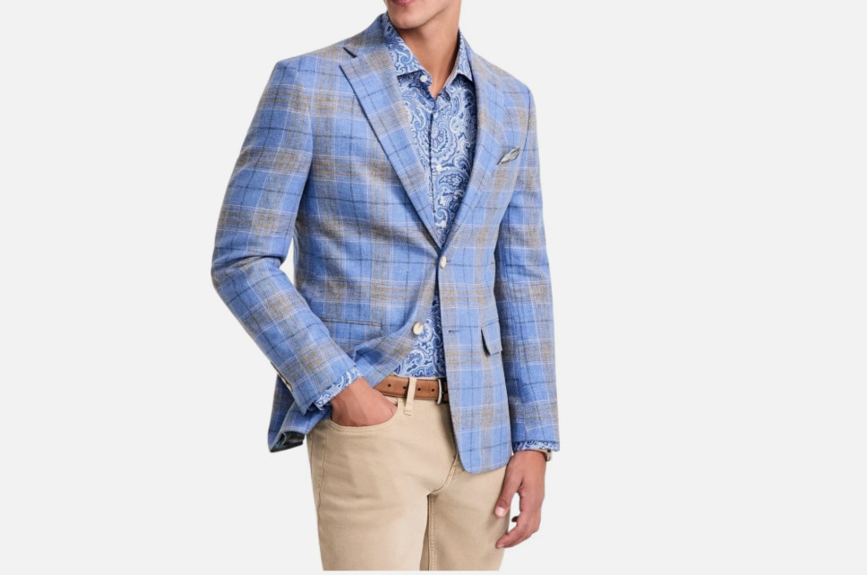 Tallia Mens 40R Slim-Fit Blue Tan Linen Blend Sport Coat Plaid