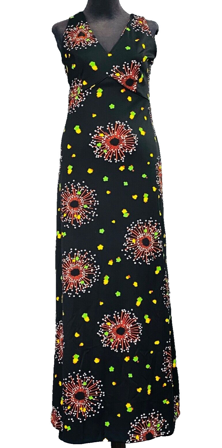 Vintage 1970s black fireworks dress, novelty print sleeveless maxi M L