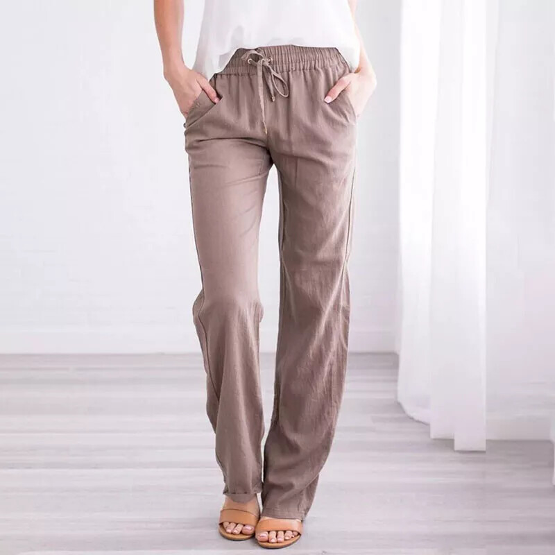 Women Cotton Linen Trousers Ladies Summer Casual Elastic Waist Bottoms Pants UK