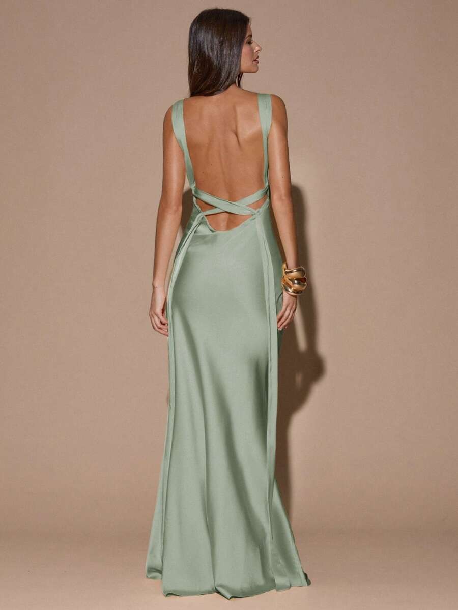 Elegant Satin Maxi Dress Deep V Neck Criss Cross Backless Mermaid Wedding
