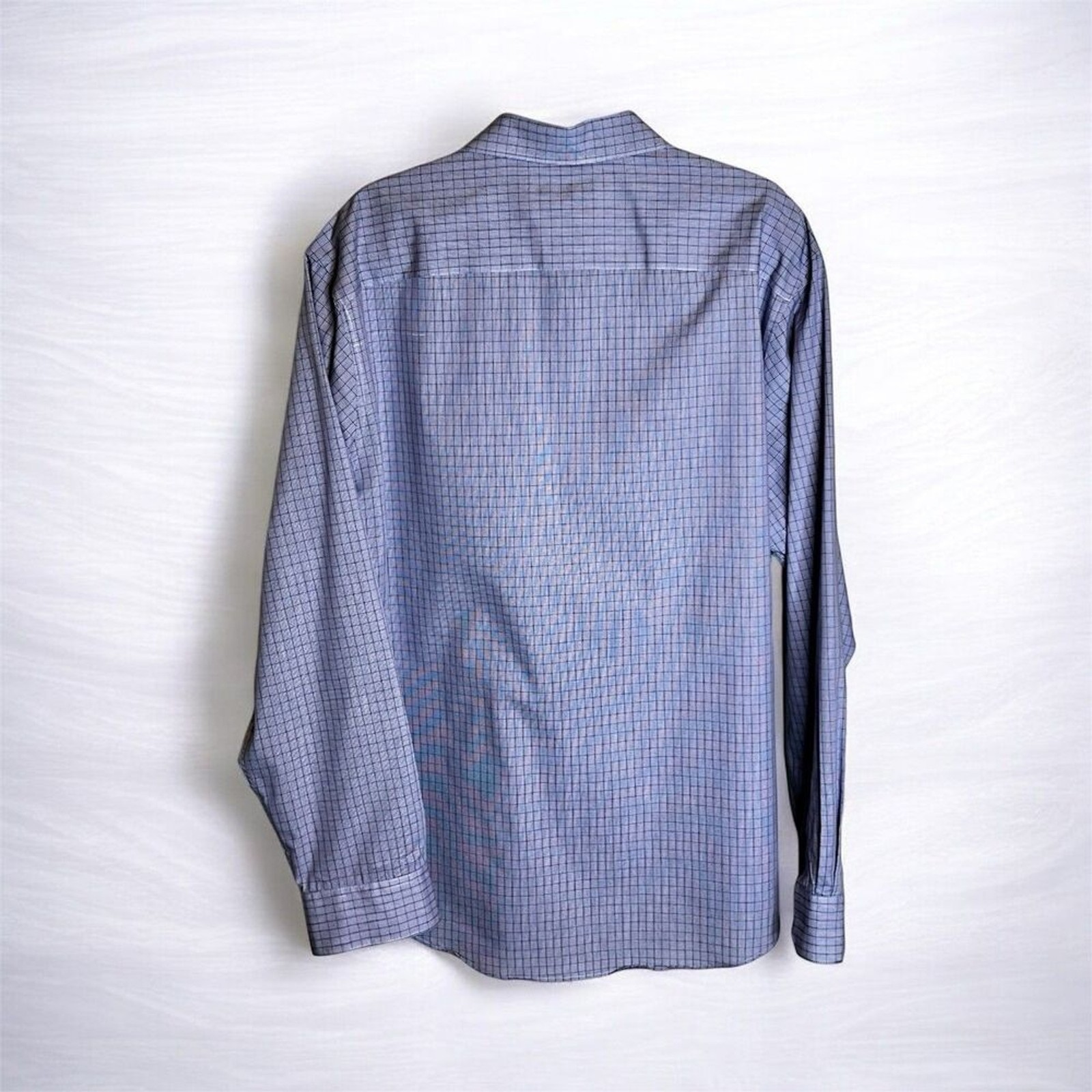 Alfani Mens Fitted Plaid Button Down Shirt Sz XL 17.5 Blue White Stretch Fabric