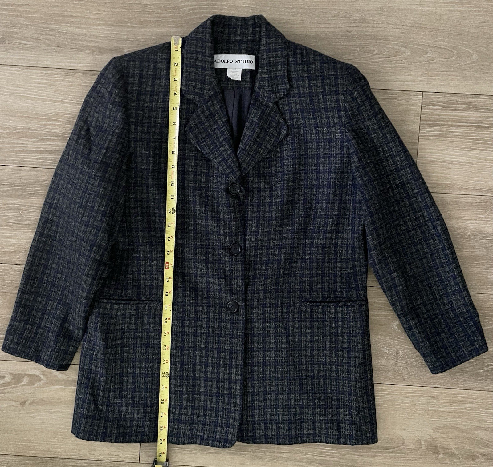 Vtg Adolfo Studio Women’s 2 Piece Tweed Skirt Suit Gray Blue Blazer Work Size 14