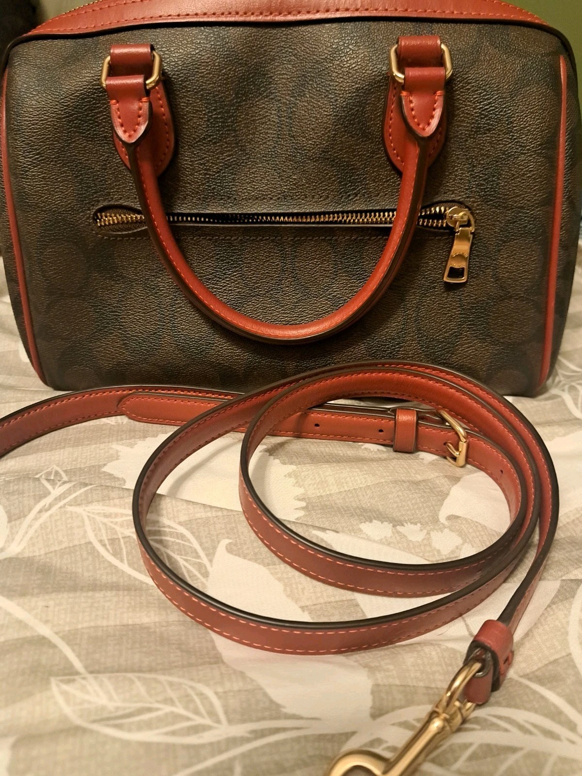 Coach Signature Brown/Red Zip Satchel Top Handle Bag Detachable Strap Small