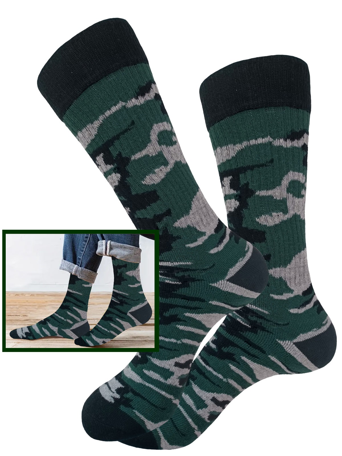 6-1 Pair COTTON CAMOUFLAGE CREW ARMY SOCKS SIZE 10-13 TRUE TO SIZE HIKING SOCKS