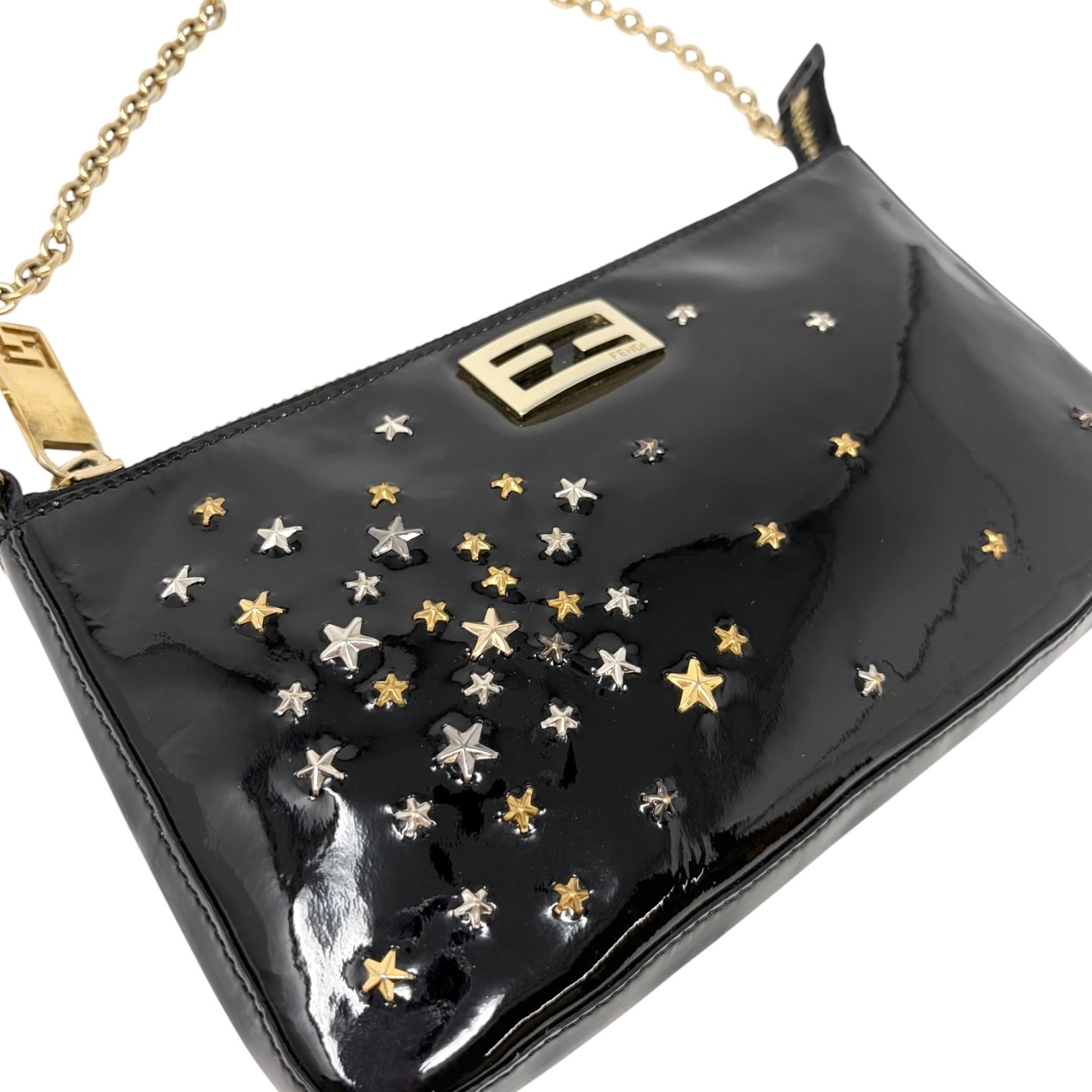 FENDI Vintage FF Logo Star Studs Mini Chain Shoulder Bag Black Gold 902276