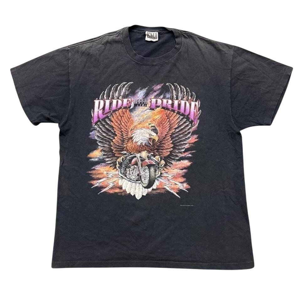 Vintage Insane Fade Black Eagle Biker Tee 90s “Ride With Pride” Single Stitch L
