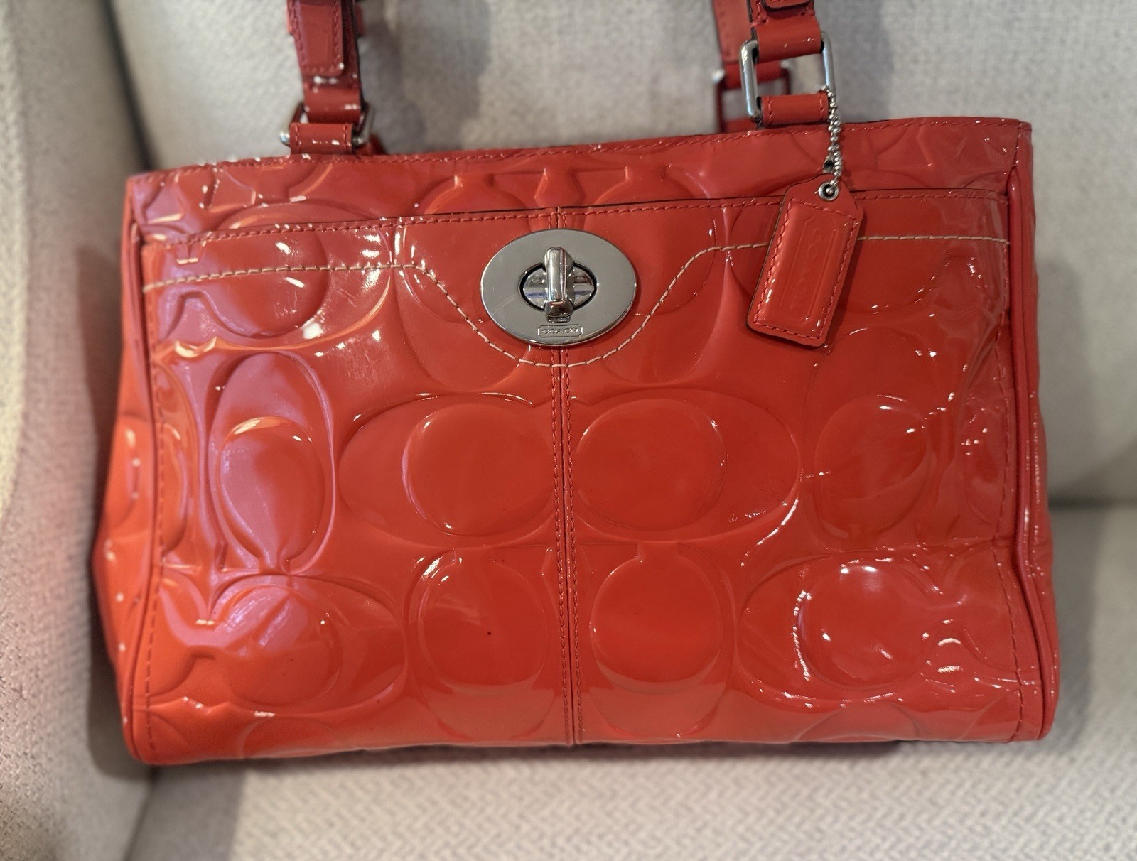 Coach Orange Signature Satchel Top Handle Turn Lock Zip Silver Hardware Hang Tag