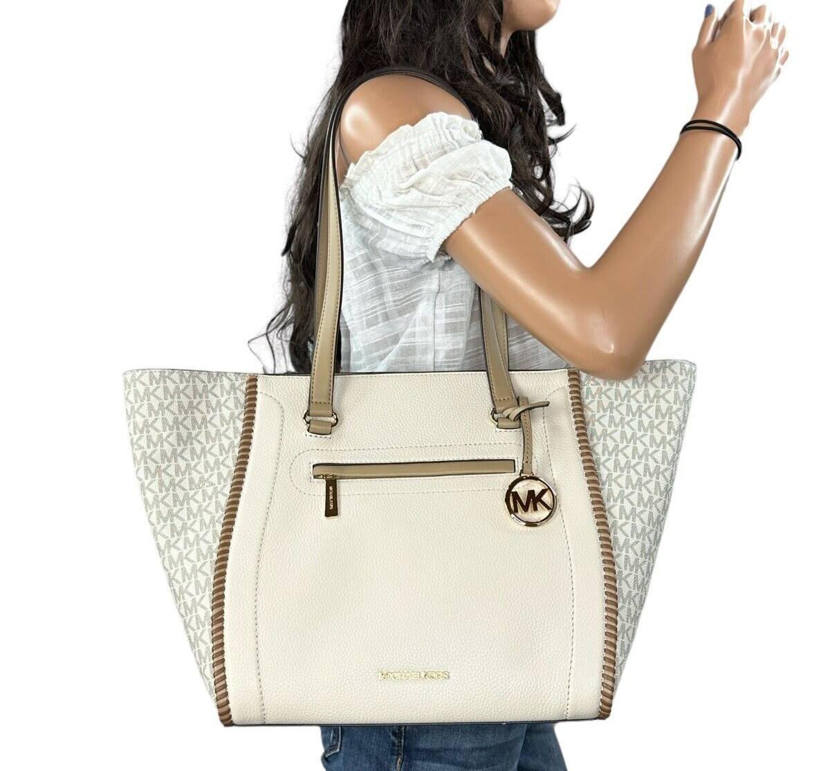 MICHAEL KORS CARINE LARGE FRONT POCKET SHOULDER TOTE BAG MK LIGHT CREAM MULTI