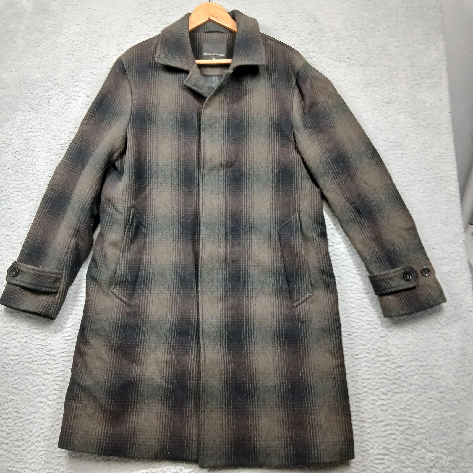Banana Republic Coat Mens Medium Brown Plaid Wool Blend Topcoat Italian Fabric