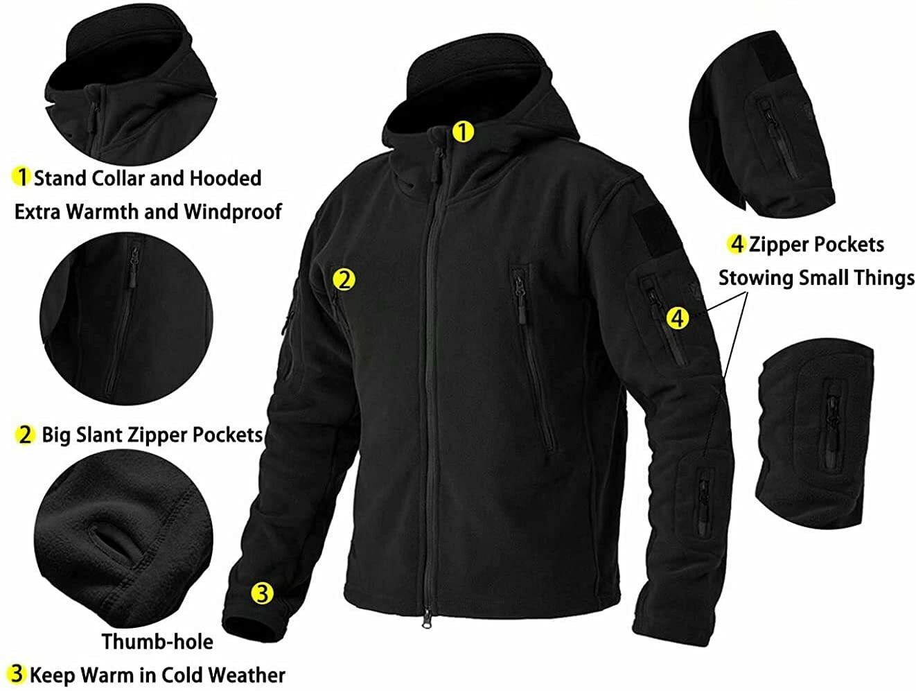 Mens Tactical Fleece Jacket Full Zip Up Windproof Hooded Work Coat Outdoor Sport