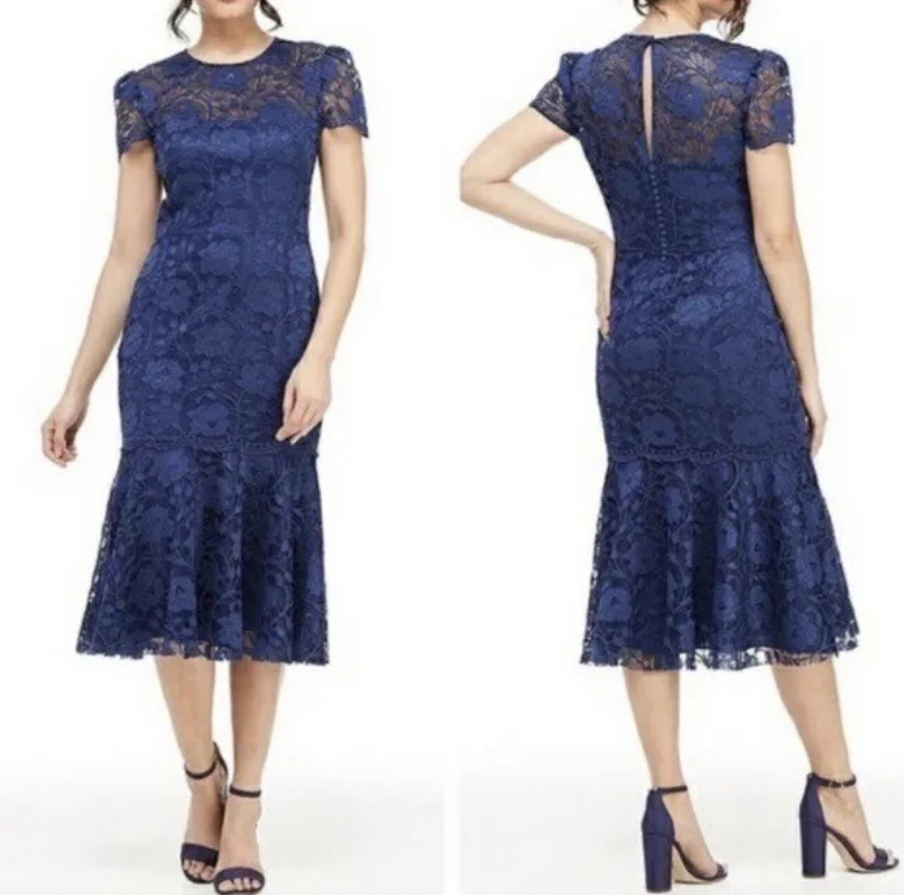 Gal Meets Glam Eve Illusion Lace Ruffle Hem Short Sleeve Midi Dress Navy Size 8
