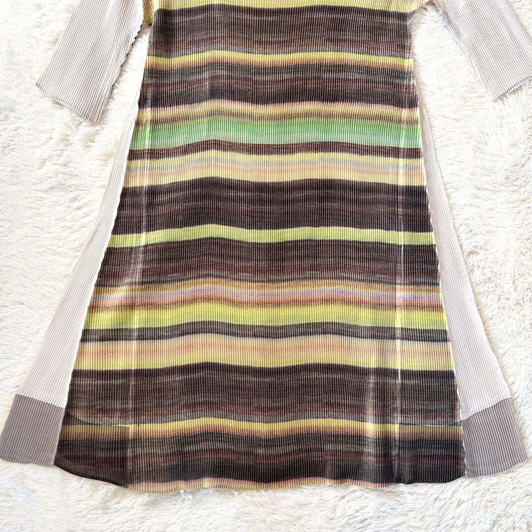 M.&KYOKO Pleated Beige Multi Knee Length 3/4 Sleeve Dress FreeSize Auth