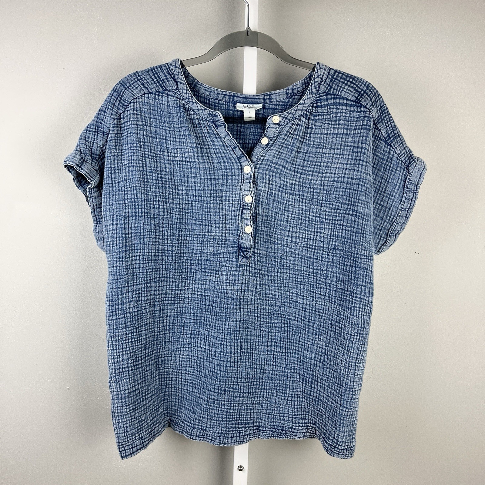 A.N.A. A New Approach Gauzy Top Womens L Blue Boxy Lagenlook Coastal Chic