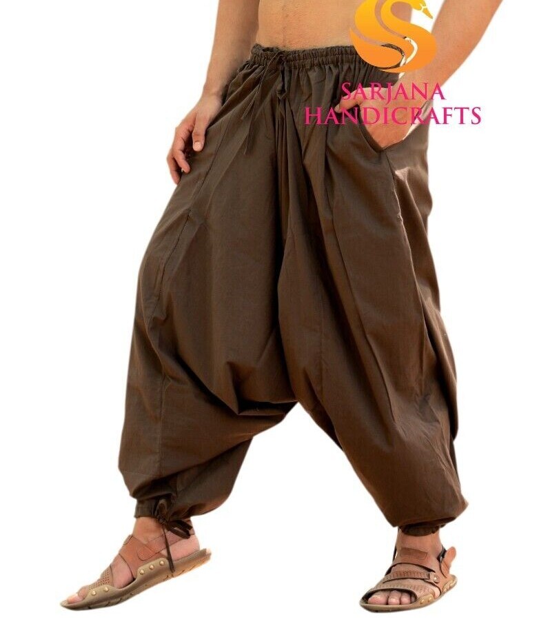 Men Women Cotton Solid Brown Harem Pants Gypsy Hippie Drop Crotch Trouser Genie