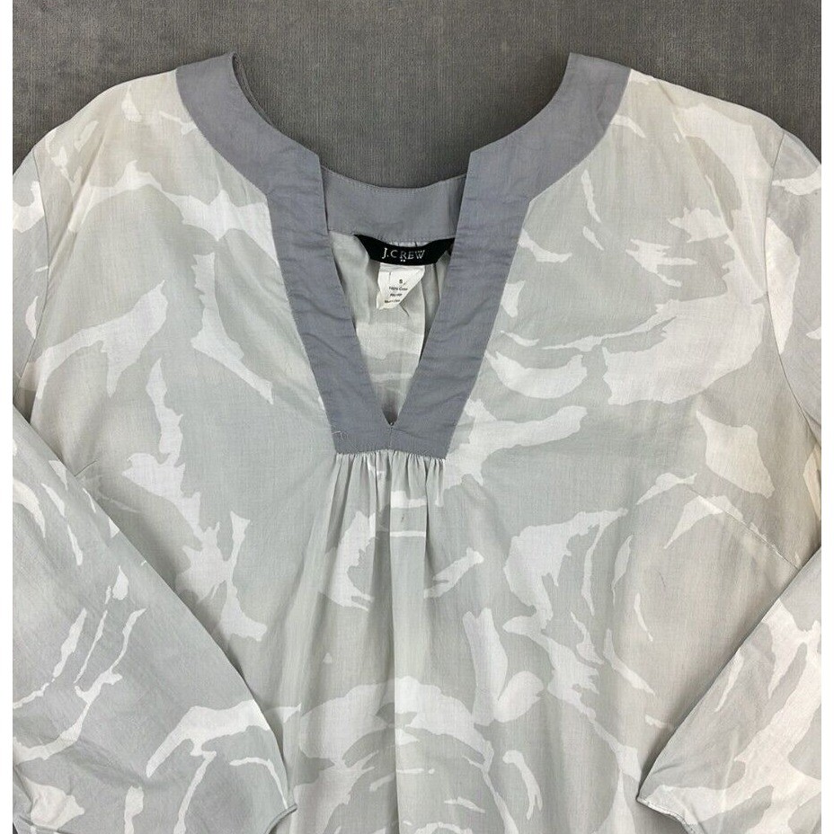 J.Crew Womens Small Gray White Abstract Print Cotton Tunic Blouse Split Neck