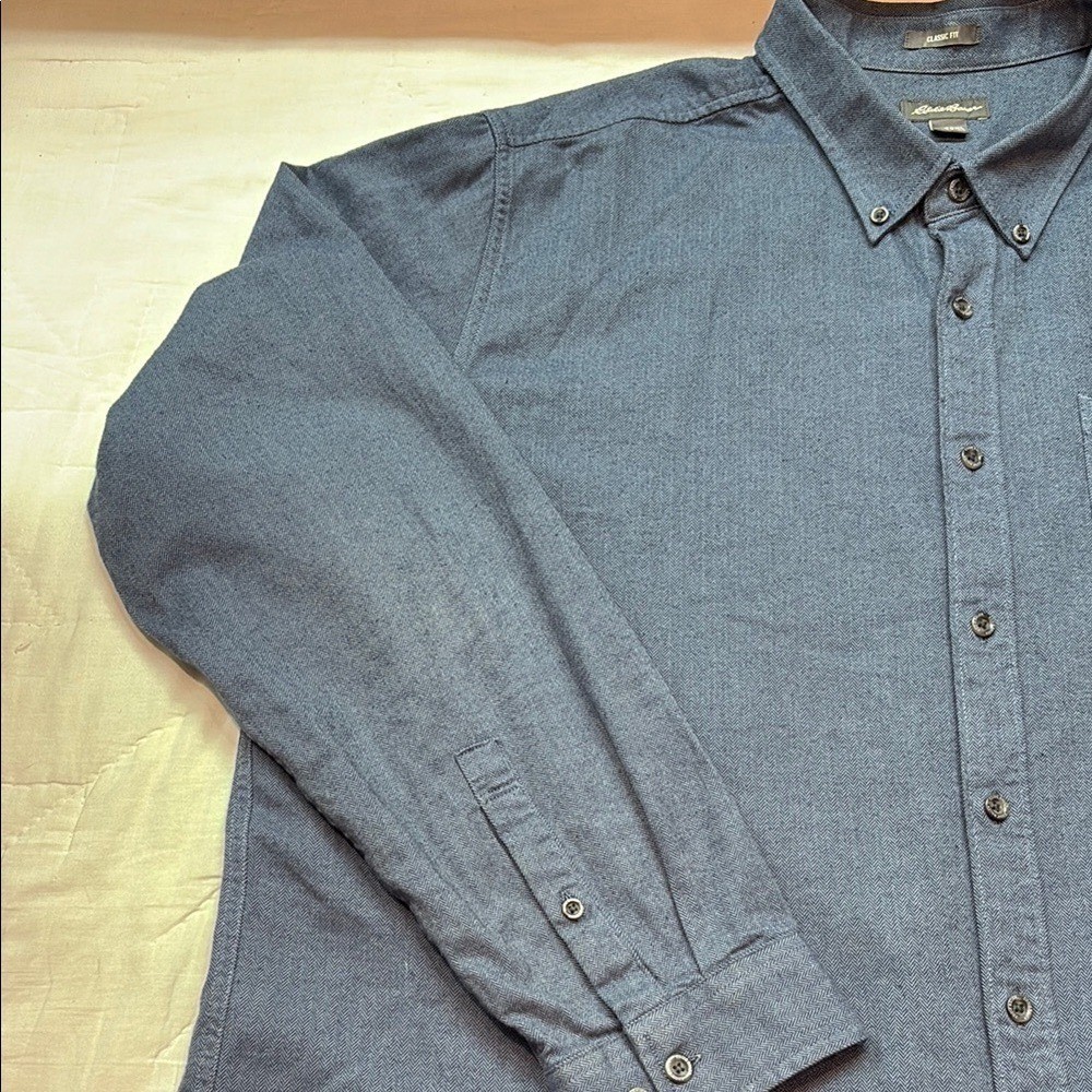 Eddie Bauer 3XL Blue Herringbone Cotton Button Down Shirt Classic Fit Long Slv