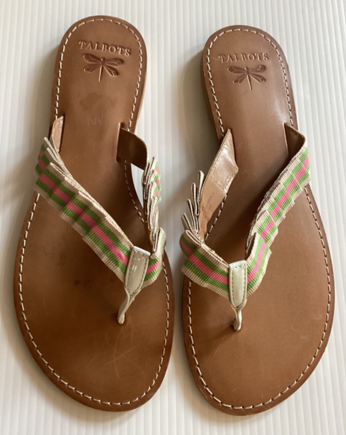 Talbots FLIP FLOPS Ribbon Ruffle GREEN PINK TAN Stripe SANDAL Thong WOMEN Size 8