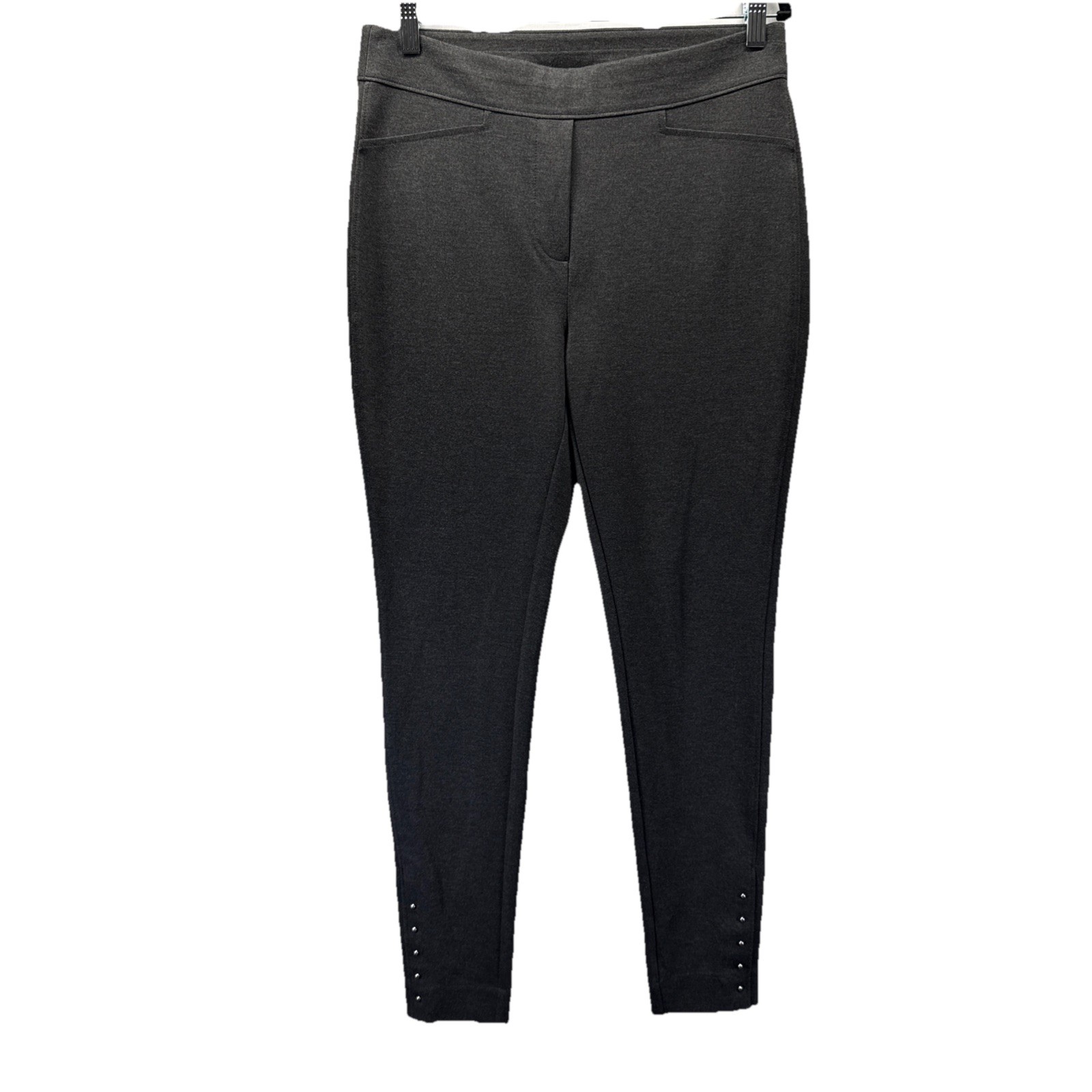 Chicos Women’s Pull On Pants Size Medium Solid Gray Thick Stretch Metal Accents