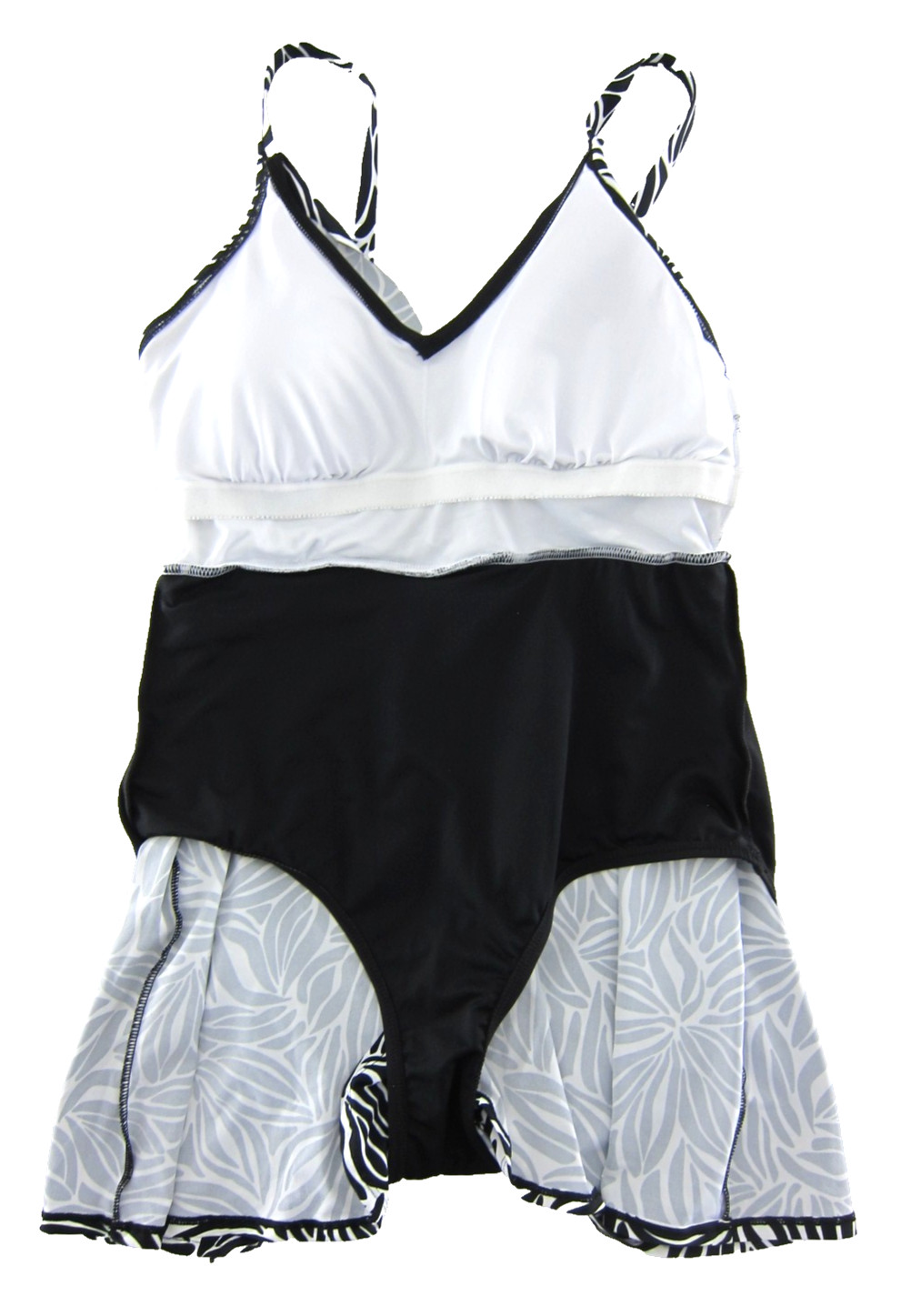 Lands End Classic Black White Floral Built In Bra Slimming Swimsuit Swimdress M